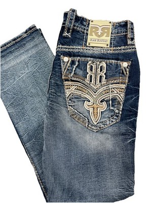 Mens Rock Revival Jean RAELYN 40x32 Straight Leg Blue Wash White