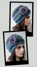 crochet handmade womans flower hat beanie breathe blue puffs new