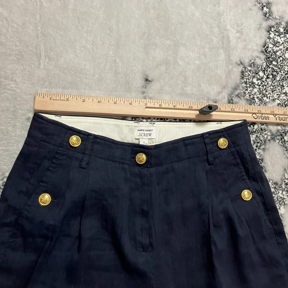 J Crew X Marie Marot Pants Womens Size 4 Navy Blue Linen Blend Wide Leg - Image 2 of 4