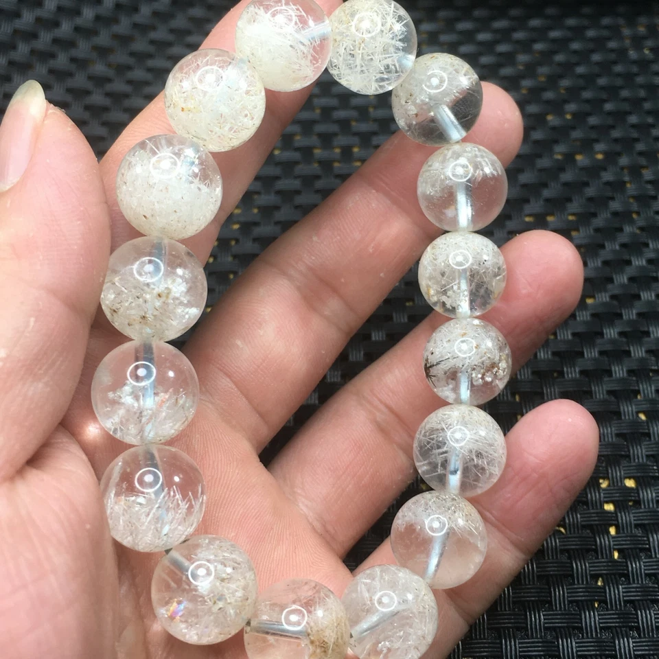 Natural Phenakite White Rutilated Quartz Snow Round Beads Bracelet 13mm AAAA - Image 2 of 4