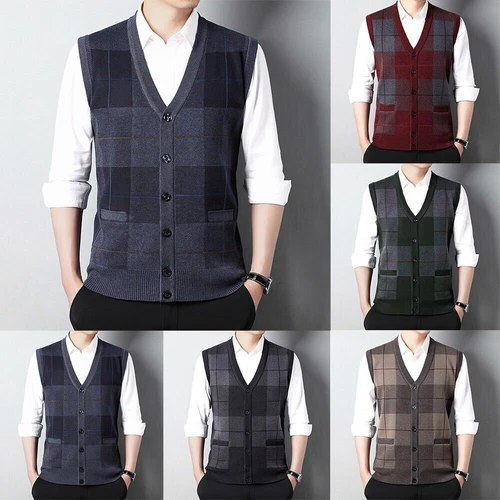 Men's Sleeveless V Neck Plaid Cardigan Sweater Vest with Knitted Waistcoat Tops - Picture 6 of 29