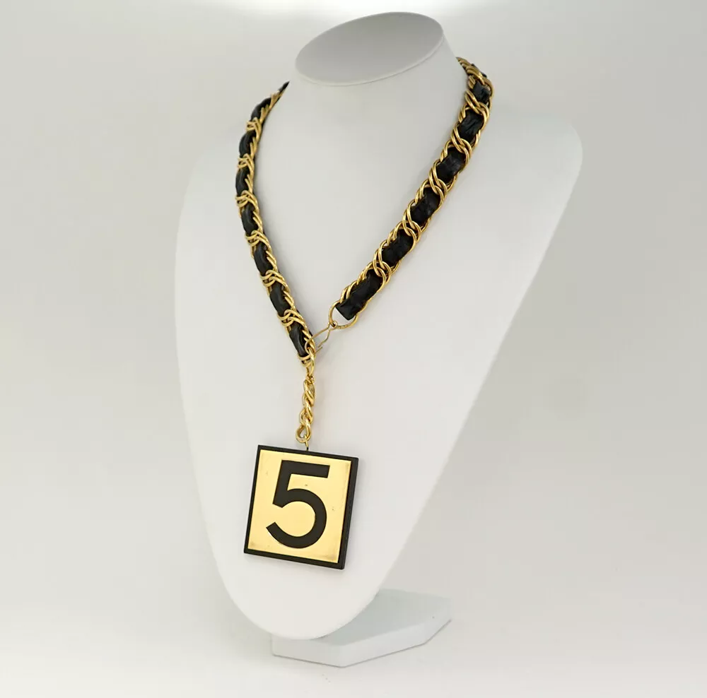 CHANEL No.5 Square Leather Necklace 39 Gold Tone 26 Auth w/BOX v1377