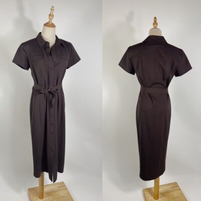 TALBOTS Vintage Brown Stretch Button Down Midi Shirt Dress with Belt Size 4 