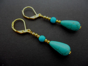 Authentic A PAIR OF TURQUOISE BLUE GOLD PLATED DANGLY TEARDROP LEVERBACK EARRINGS. .