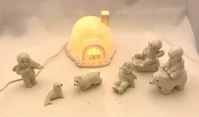 Polar Bear, Babies, Light igloo, seal Fine Hand Crafted Jade Porcelain 7 Pieces