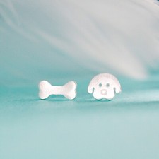 925 sterling silver dog and bone asymmetric animal stud earrings