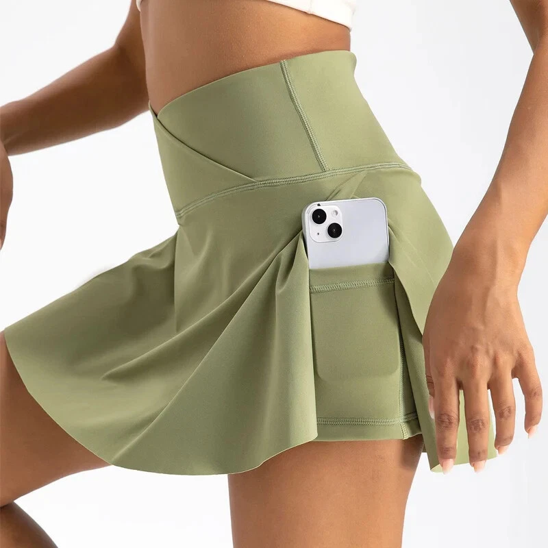 Pleated Tennis Skirt with Pockets Shorts Athletic Skirts Crossover High Waisted