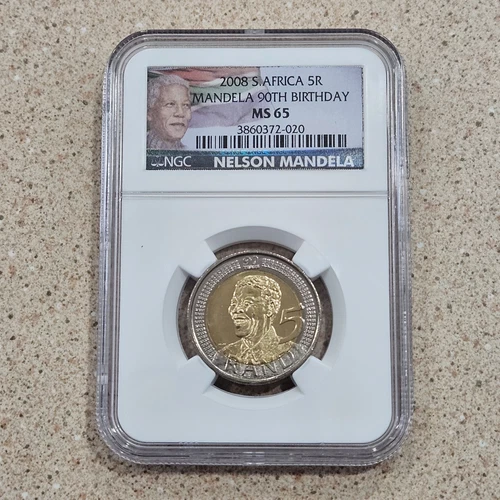 2008 South Africa 5 Rand Coin Mandela 90th Birthday NGC Slabbed & Graded MS65