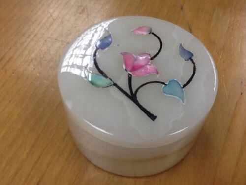 Round Onyx/Marble Trinket/Jewellery Box Mother Of Pearl Inlaid Lid 4" 10cm Gift - Picture 8 of 10