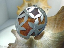 39mm Hawaiian Rhodium Brass Genuine Inlaid Koa Wood DualSide Plumeria Pendant 1