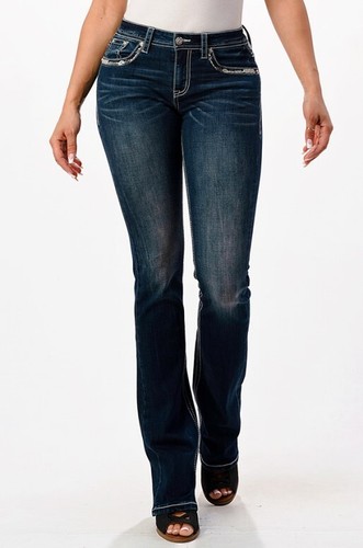 Grace in LA Women's Embroidered Yoke Distressed Flap Pocket Bootcut Jeans - Picture 2 of 3