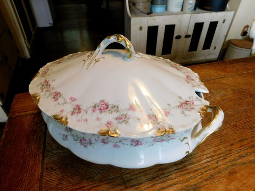 Antica zuppa ovale Theodore Haviland Limoges Schleiger LG Tureen-Roses-c. 1800 - Foto 4 di 11