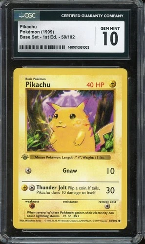 1999 POKEMON GAME PIKACHU 58/102 1ST EDITION BASE SET GEM MT CGC 10 (POP 26)