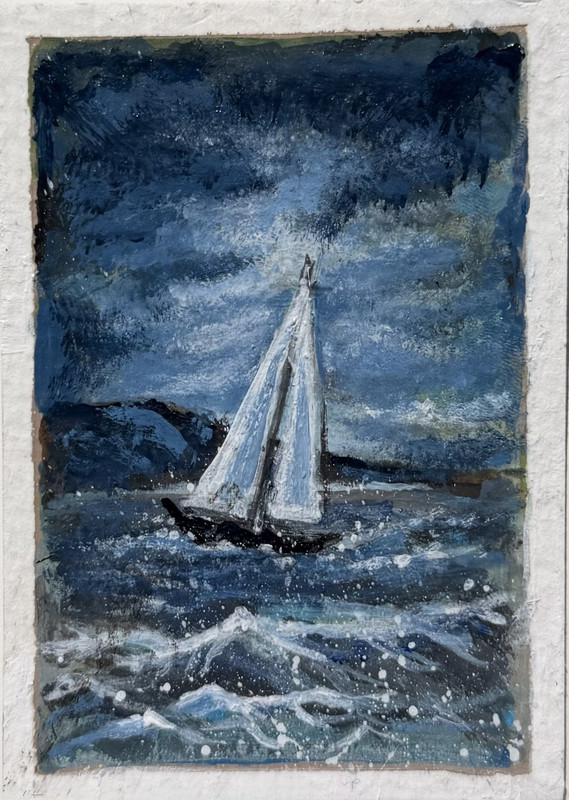 ACEO-Original Art-“Into the Gale” Sailboat Seascape Painting Ocean Waves Sky