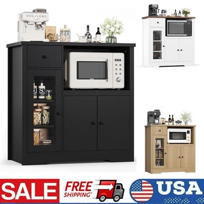 Kitchen Microwave Cabinet w/ Glass Door, Drawer & Adjustable Shelf Small Space