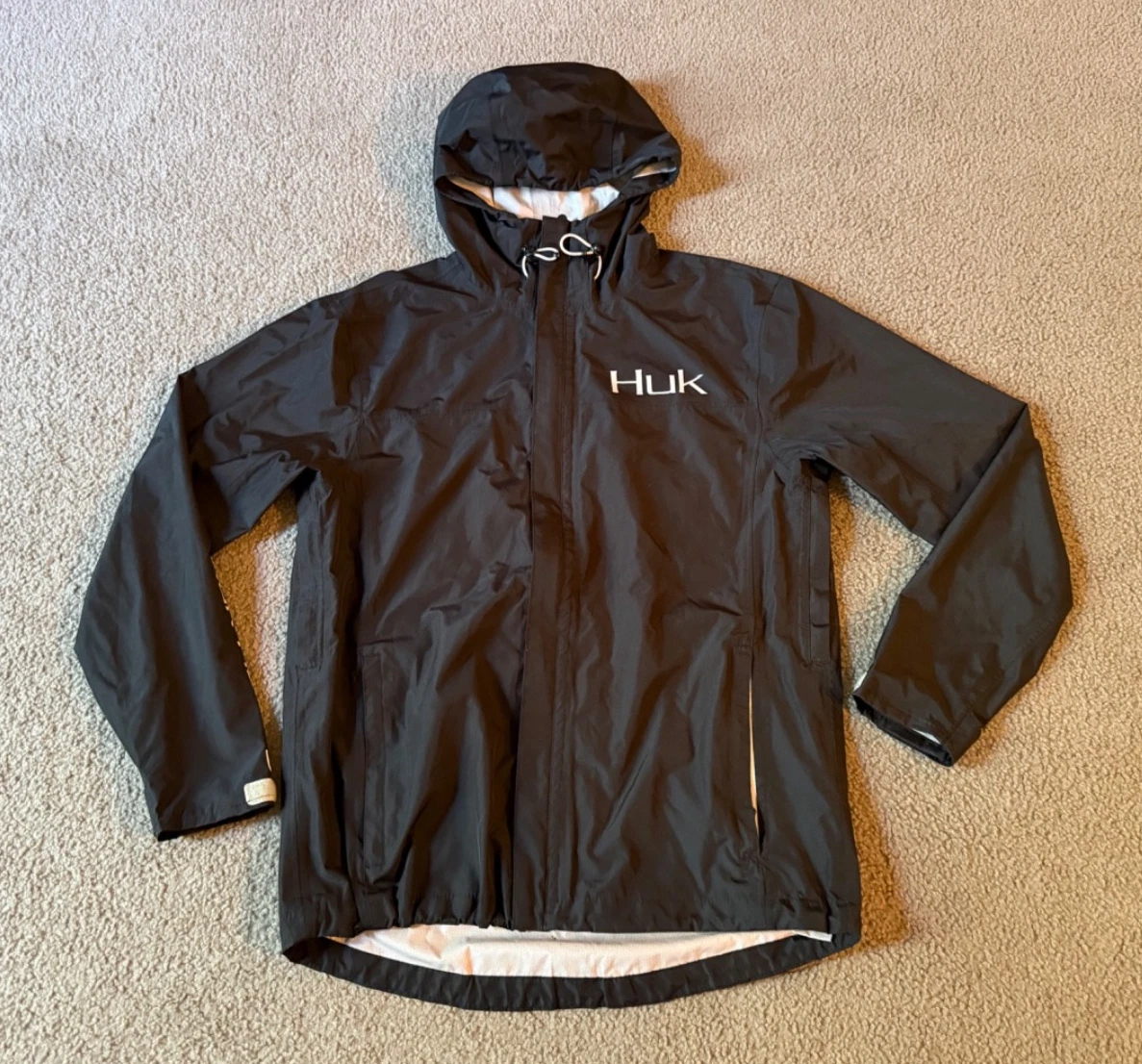 Huh Fishing Performance Men's Black Hooded Zip Up Windbreaker Jacket - Small