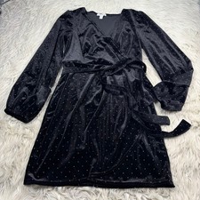 Nine West Women's M Black Silver Stud Polka Dot Velvet Wrap Dress Goth Witch