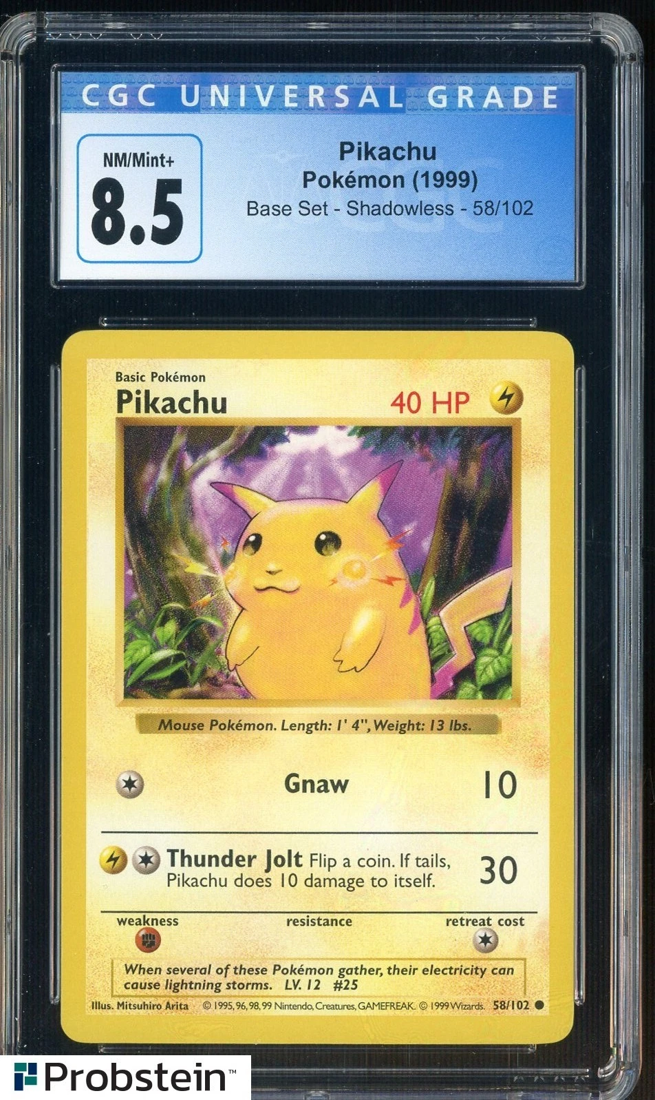 1999 Pokemon Base Set Shadowless #58/102 Pikachu CGC 8.5 NM-MT+