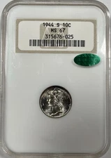 1944-S 10c MS67 CAC Mercury Dime - NGC Old Holder - Fatty Slab