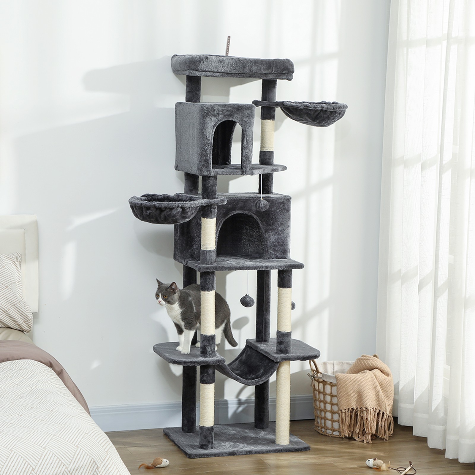 PawHut 69" Cat Tree, Cat Tower with 2 Condos, Dark Grey