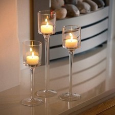 Set of 3 Clear Glass Tealight Candle Holders Tall Stem 20 23 26cm
