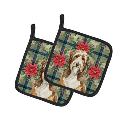 Caroline's Treasures Brown Bearded Collie Christmas Poinsettas Pair Potholders