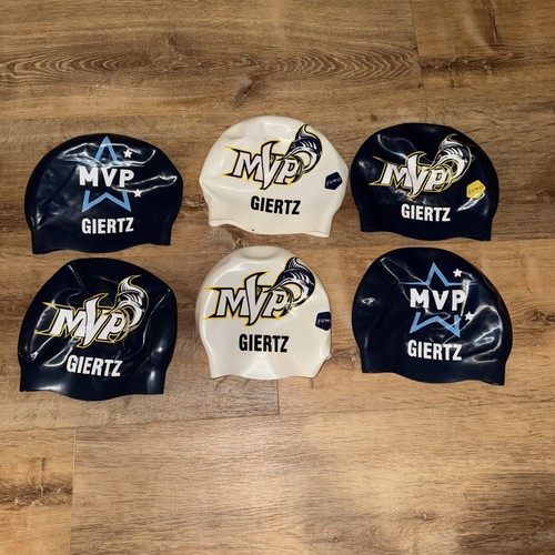 Used MVP Fish Blue White Rubber Sporti Swim Caps, Lot Of 6 Bundle Promo Wear cap