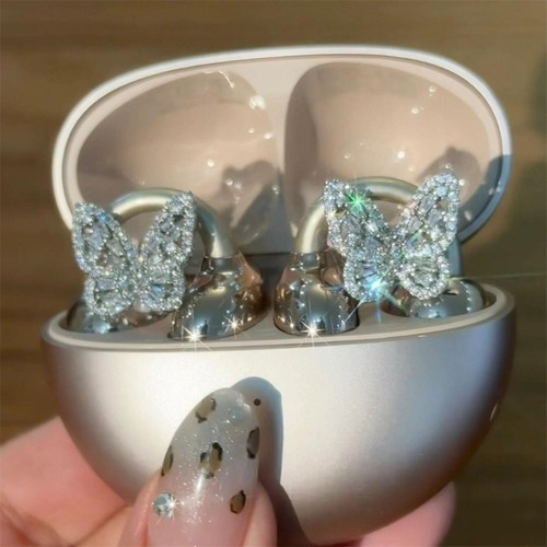Butterfly Rhinestones Clip on Earbuds Open Ear, Removable Ear Accessories Decor - Picture 6 of 9