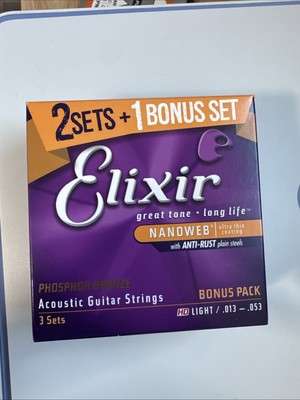 Elixir Elixir Light Nanoweb Phosphor Bronze Acoustic Guitar Strings 3 Sets