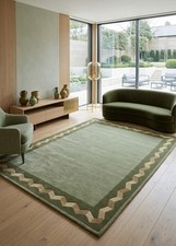 Hand Tufted Wool Area Rug Green Geometric Border Modern Living Room Carpet