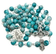 Turquoise Marble Glass Beads Rosary Necklace Catholic Miraculous Medal & Cross