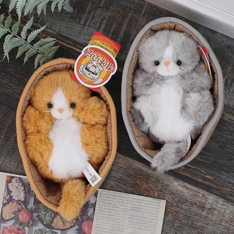 Cat Kitten Sleep In Basket Nest Plush Toy Stuffed Doll Cartoon