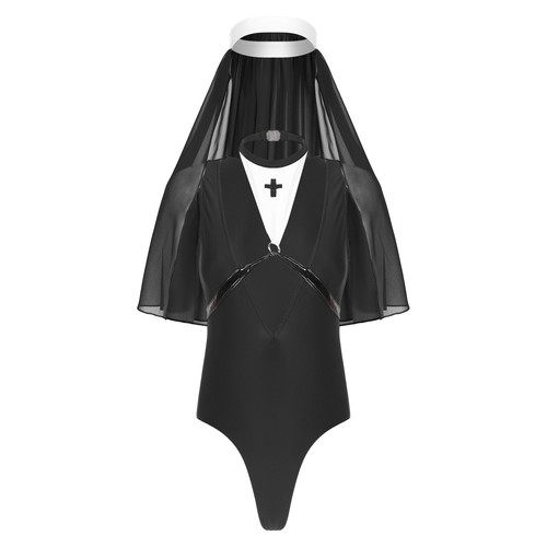 Women Naughty Nun Costume Halloween Bodysuit/Dress and Headwear Cosplay Outfit** - Picture 42 of 57