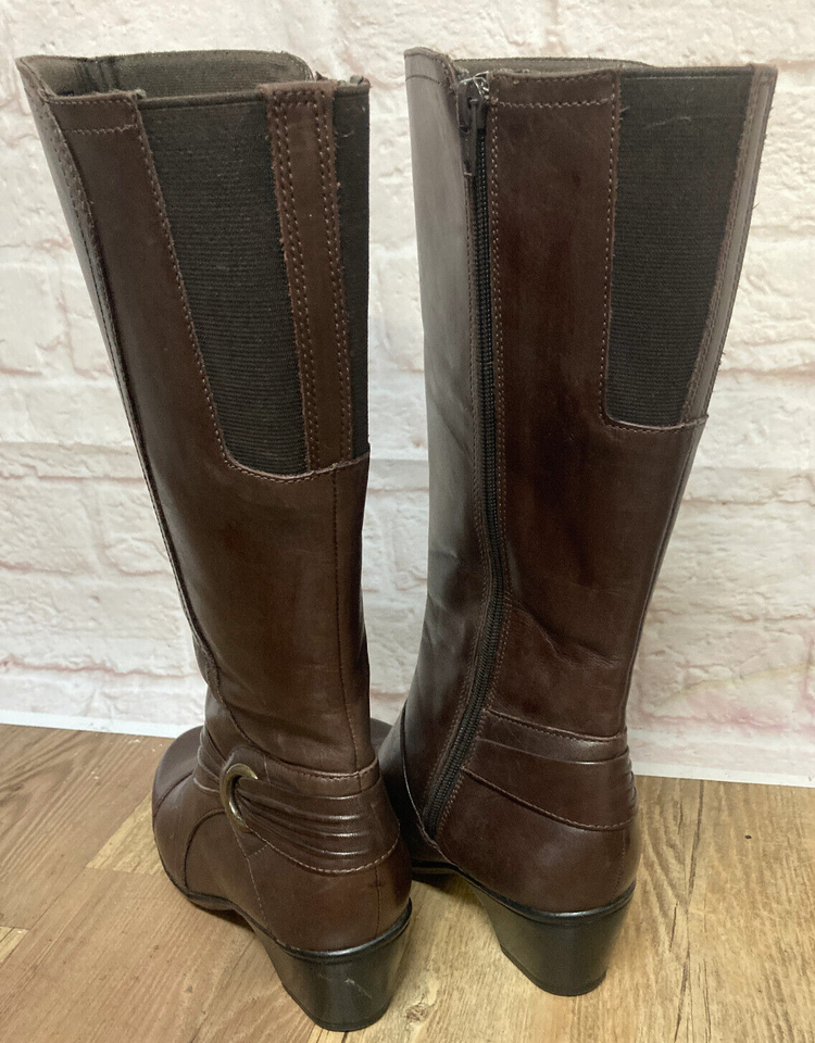 Clarks Women's Wish Excite Brown Leather Knee High Boots Shoes, Side