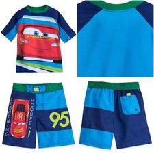 Disney Store Cars 3 Lightning McQueen Boy Swimsuit Rash Guard Shirt Trunks NEW