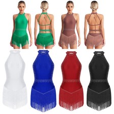 Women's Bodysuit Fringe Dance Leotard Ballroom Jumpsuit Salsa Rompers Training