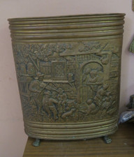 Vintage English Embossed Brass Umbrella Stand Tavern Scene Pot 20" Oval Claw Leg