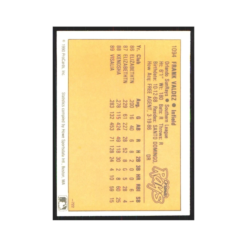 1990 ProCards Frank Valdez Orlando Sun Rays #1094 - Image 2 of 3