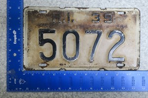 1939 39 RHODE ISLAND RI LICENSE PLATE TAG #5072 4 DIGIT #