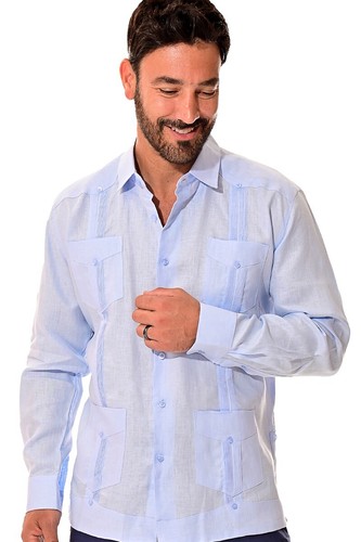 Bohio Men 100% Linen Cuban Guayabera Shirt -Lt. Blue Traditional 4-Pocket-MLS501 - 第 1/4 張圖片