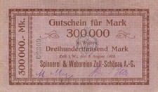 Zell-Sch&ouml;nau Spinnerei & Webereien 300 Tausend Mark 1923 leicht gebraucht