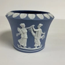 Vintage Blue Jasperware Vase with Dancing Figures and Laurel Leaf Border