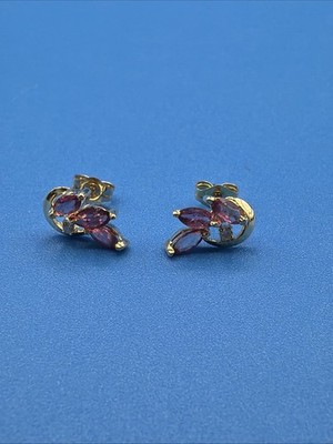 14K Gold Cluster Stud Earrings 585 Marquise Pink Gemstone Vintage 1.4g