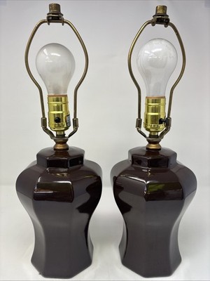 Vtg Pr Of MCM Underwriter Labs Ceramic Brown Chinoiserie Ginger Jar Table Lamps