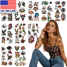 76 Pcs Retro Temporary Tattoos Classic Old School Colorful Tattoos Stickers Flow