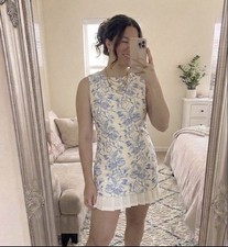 Commense S Toile Floral Printed Sleeveless Dress Pleated Hem Coquette Coastal