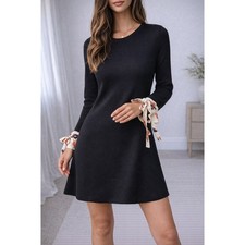Tory Burch Merino Wool Sweater Dress Black Silk Cuff A-Line Size M