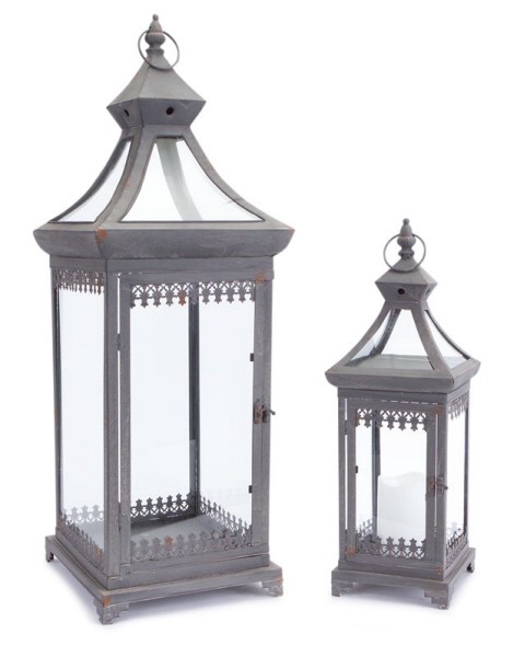 Melrose 2 Brocade Bourgeoisie Weathered Metal Glass Pillar Candle Lanterns 29"