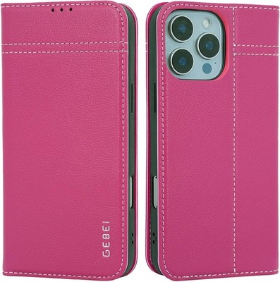 iPhone 16 Pro GEBEi Echt Leder Flip Case Lederhülle Handyhülle Tasche Pink