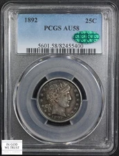 1892 Barber Silver Quarter 25C PCGS AU 58 CAC (Beautiful Original Toning!)